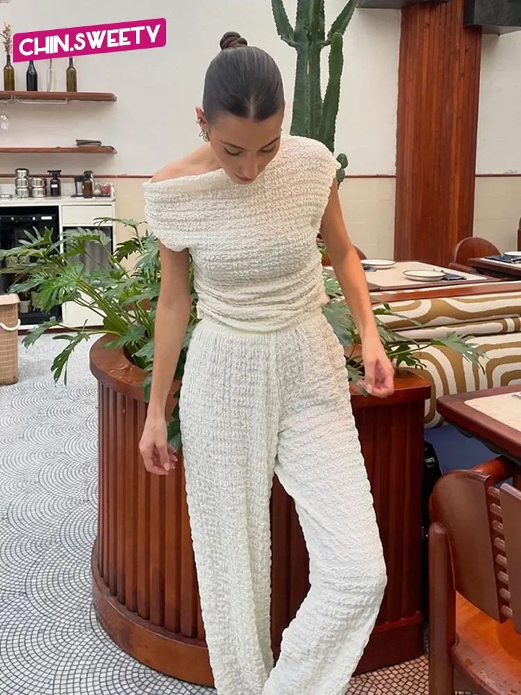 Chic Solid Crop Top Pants Set Women Summer Slash Neck Sleeveless T-shirt Wide Leg Pants Suit 2025 Holiday Street Outfit Lady New