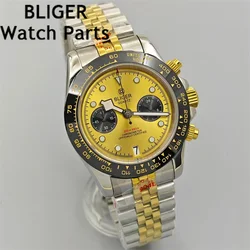 BLIGER 39mm VK64 Quartz Chronograph Watch Sapphire Glass Stanless Steel Strap Black Gold Bezel Green Luminous Waterproof