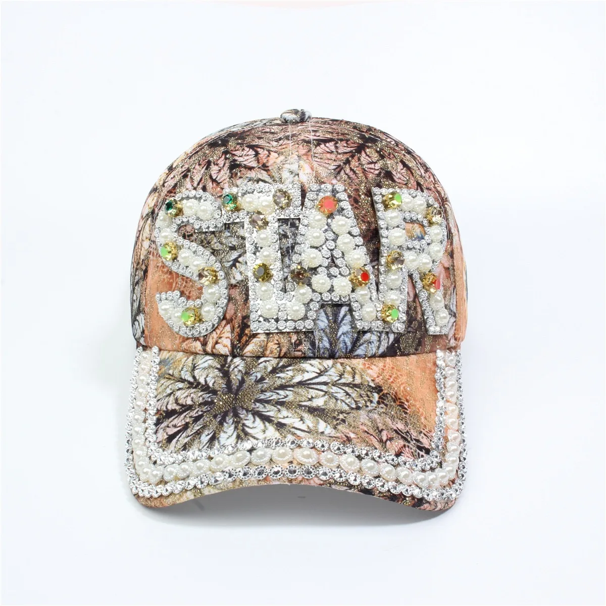 Colored flower bottom with pearl rhinestone decoration baseball cap, with a country style, suitable for shopping and traveling.