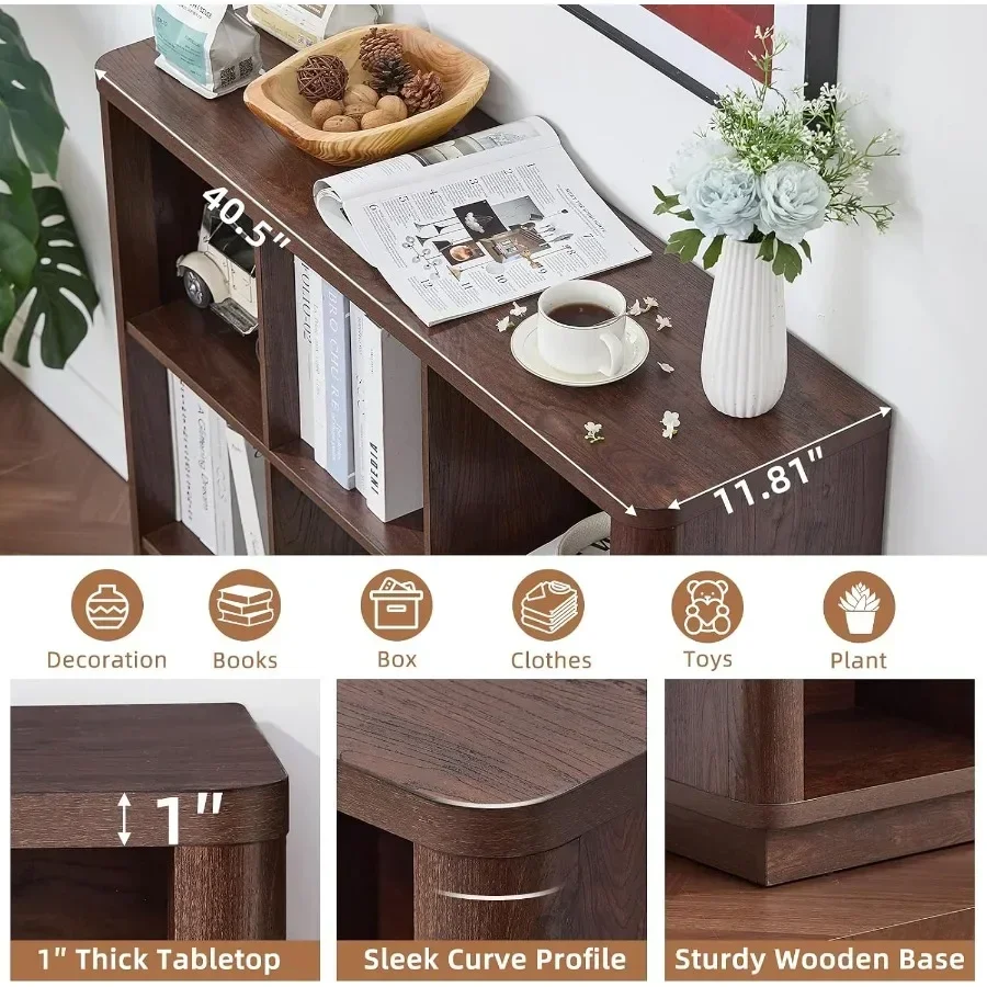 Living room and home office bookshelf: walnut wood 9-cube organizer with curved edge, 40.5 wide floor-standing 3-tier cubby she view 4
