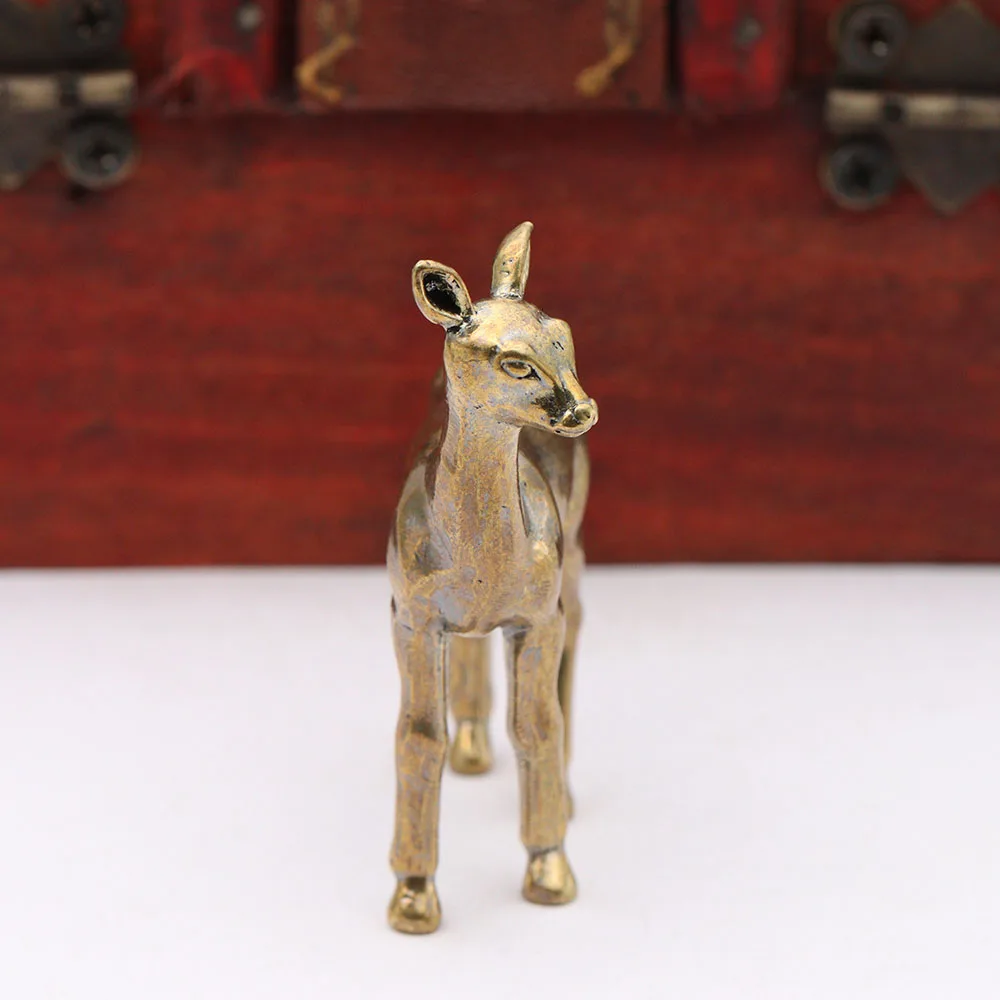 Brass Sika Deer Small Statue Vintage Animal Model Miniatures Figurines Desktop Decorations Crafts Home Decors Ornaments Tea Pets