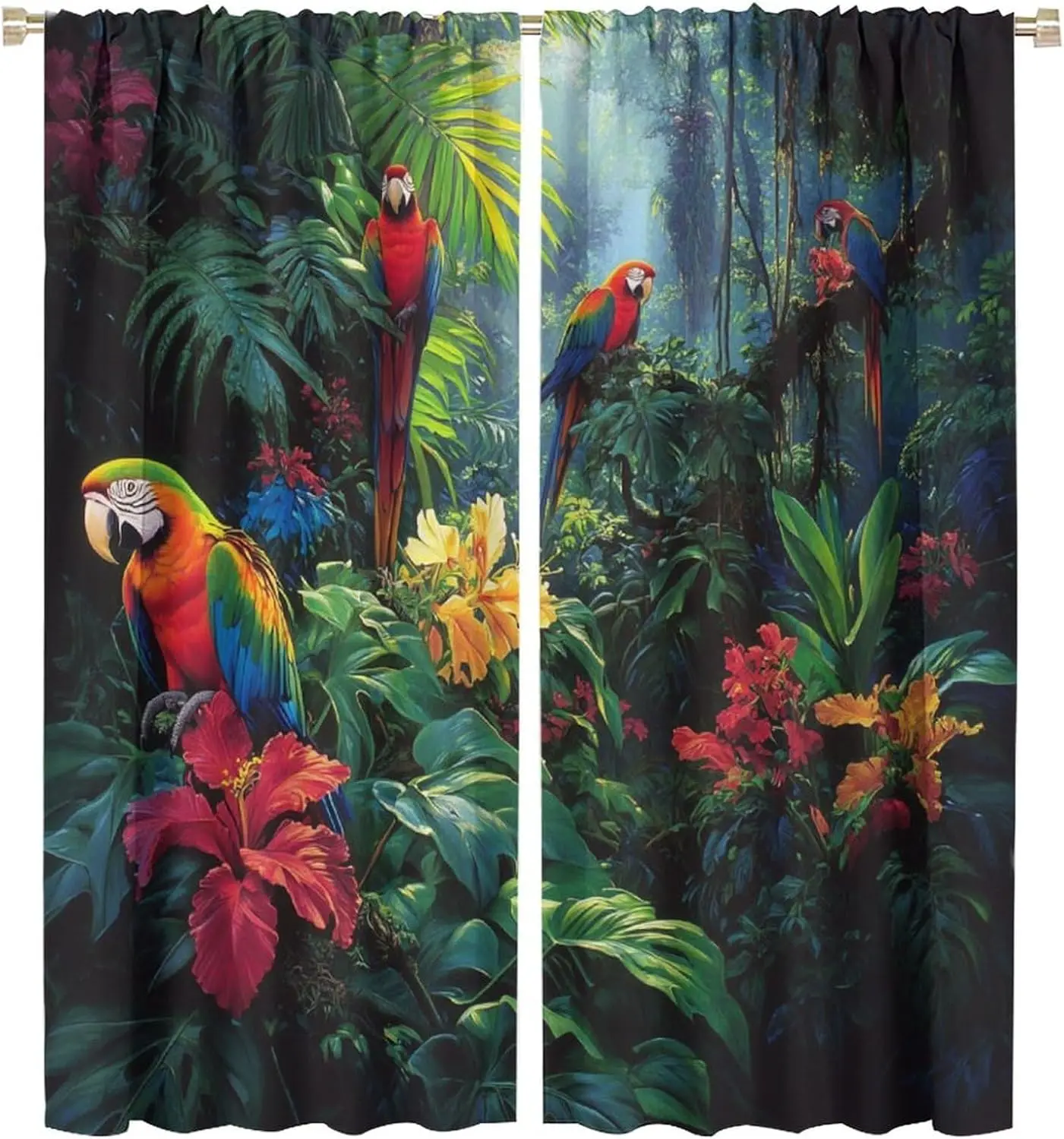 Tropical Jungle Bird Curtains Polyester Window Drapes Rainforest Nature Macaw Exotic Floral Panel Curtain Backdrop