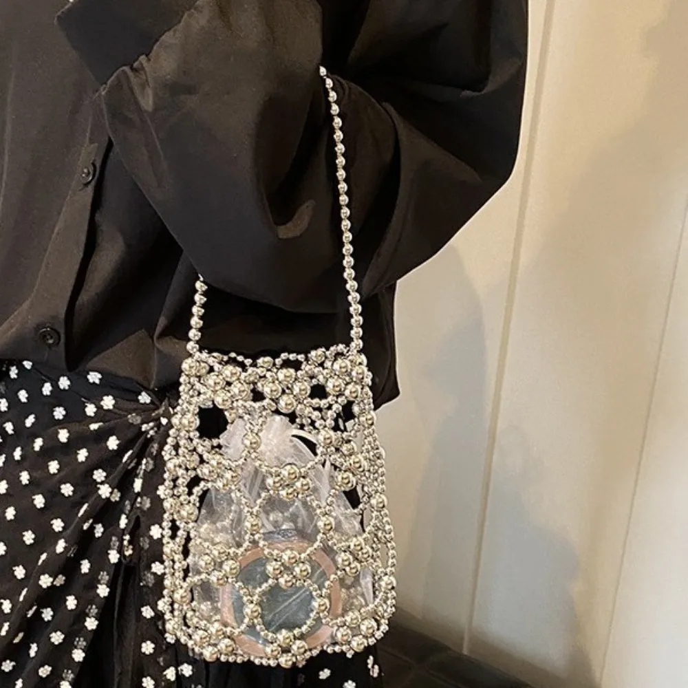 Portable Luxury Pearl Beaded Bag Bohemia Hollow Out Woven Bead underarm Bag with Inner Bag Handmade Small Phone Pouch Shopping