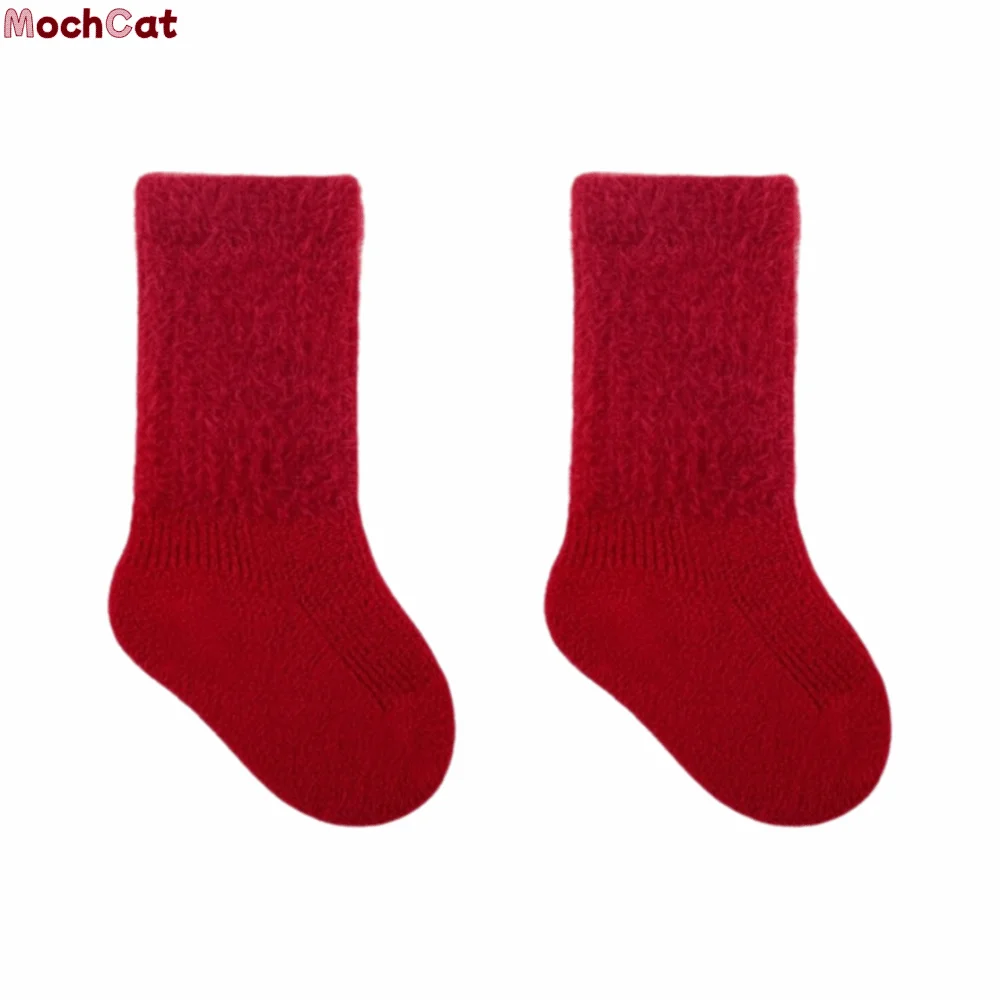 

Мягкие новогодние носки для младенцев, плюшевые хлопковые теплые красные детские носки, без костей, утолщенные бархатные носки средней длины для малышей