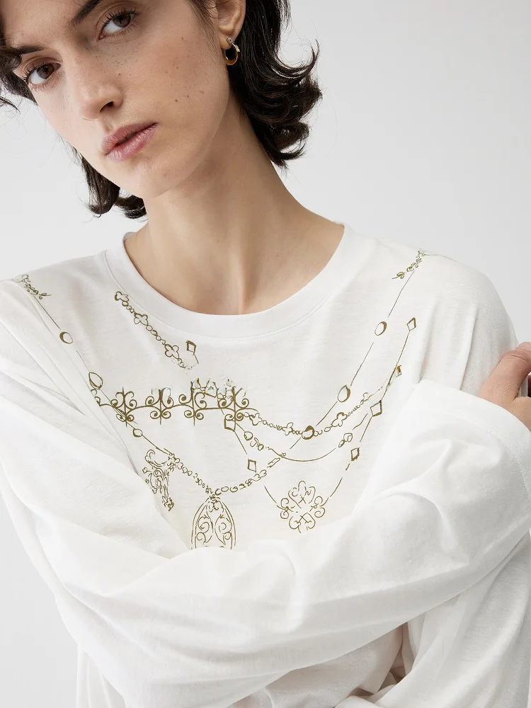 

Loose Fit Long Sve round Ne Printed T-irt Women's New Sle White Thin Silk Casual Summer Top Commute Faion