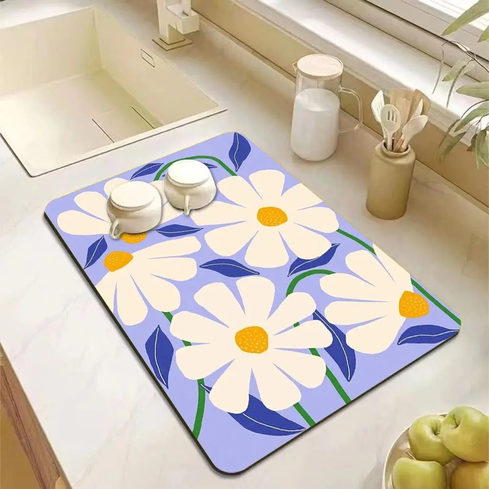VIKAMA Küchenmatte mit abstrakter Blumenkunst, saugfähige, rutschfeste Matte, rutschfeste Abtropfmatte, dekorativer Küchenteppich