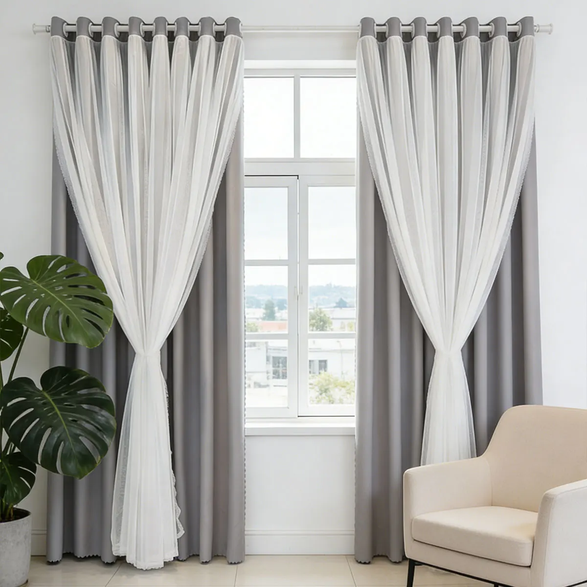 Grey‑White Double Layer Grommet Curtains 2pcs, Sheer Overlay Window Drapes, Modern Home Curtain for Bedroom Apartment