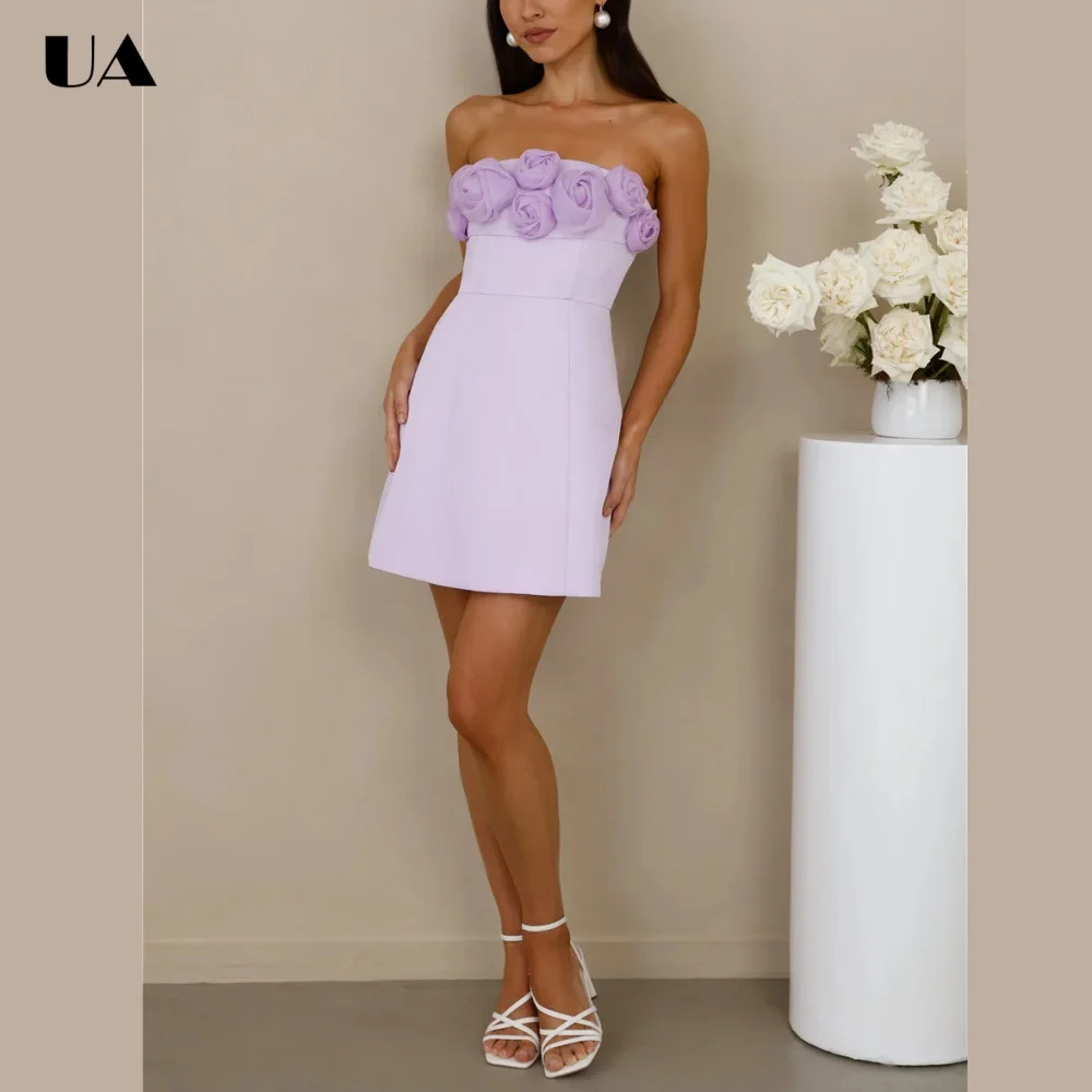 ULBYANRY Summer New 3D Flower Sleeveless Mini Dress, Sweet Strapless Homecoming Dress, Customized Fit-and-flare Party Dress