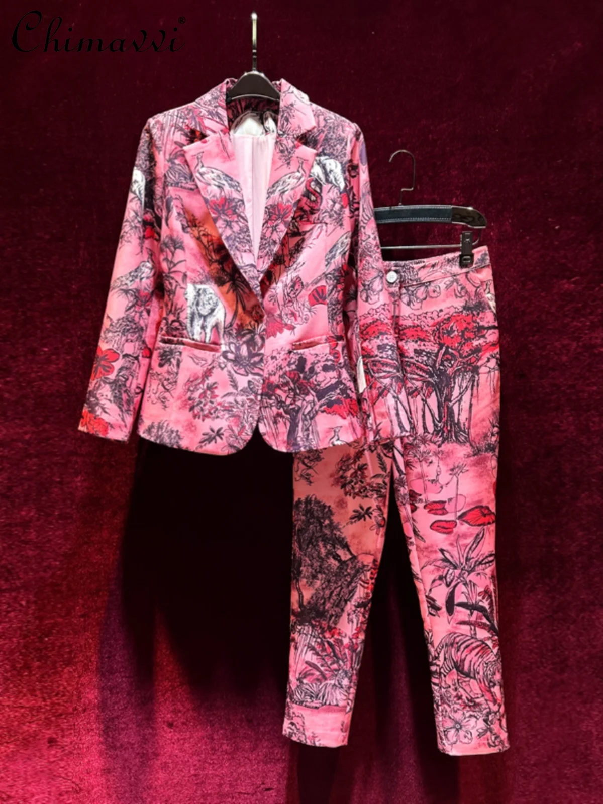 

Retro Printed Slim-Fit Floral Pant Sets Women's New 2024 Autumn Fashion Long Sleeve Blazers Coat Trousers Ladies Two-Piece Set