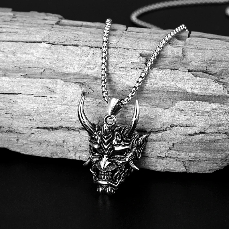Trend Stainless Steel Samurai Mask Pendant Necklace Punk Hip Hop Retro Men's big ghost king mask Necklace For boyfriend Jewelry