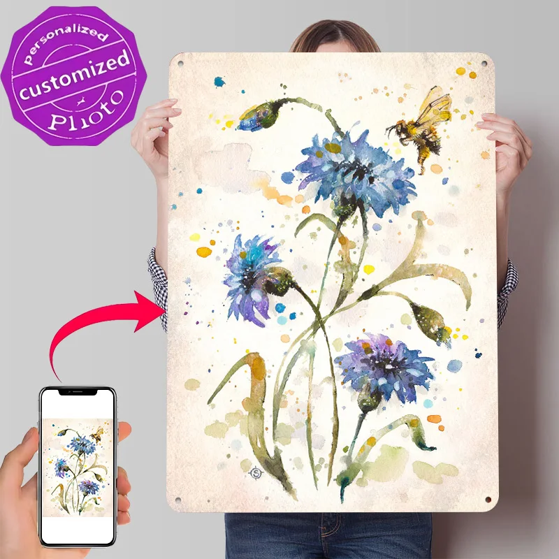 Cornflower and Bee 3D Printed Texture Poster Personalized Wall Art Retro Metal Tin Signs for Modern Home Decoration Ornaments