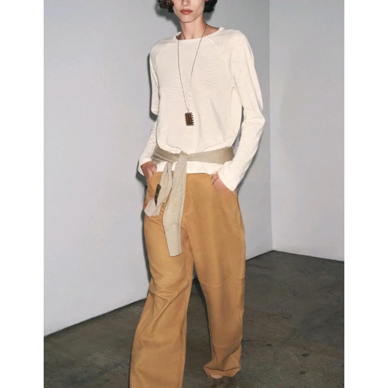 حصيرة فضفاضة تناسب طويلة Sve جولة Ne تي شيرت المرأة الخريف Faion مستقيم قطع هيم oulder إدراج تصميم القطن Kni...