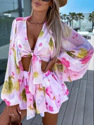 Lacing Up Blouse Slim Shorts Two Piece Set Lady Streetwear Beach Shorts Print Outfits Women Summer Patchwork Shorts Matching Set