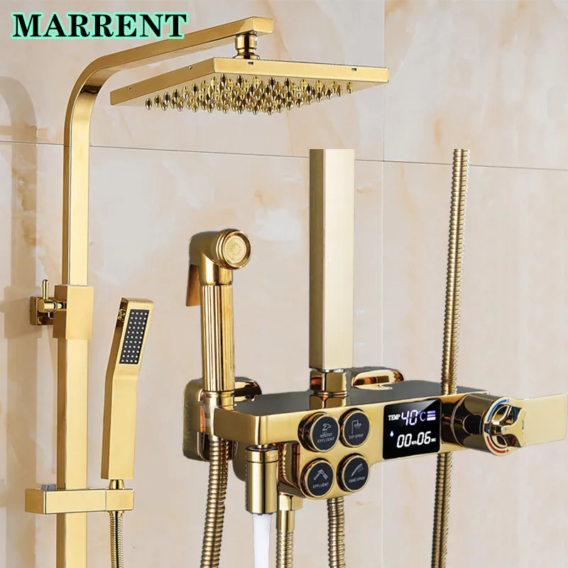 

Golden Thermostatic Digital Shower Set Quality Brass Bathtub Mixer Faucets SPA Rain Shower Head Hot Cold Digital Shower System