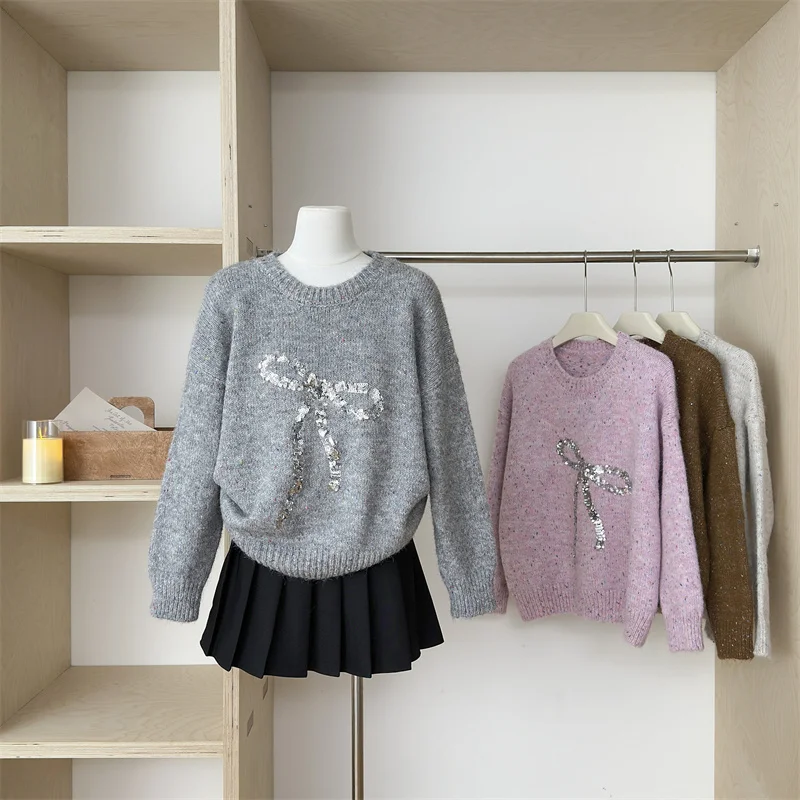 女性用ラウンドネック蝶ネクタイ柄ルーズセーター、レディースカジュアルプルオーバー、長袖ジャンパー、トップス、秋、冬