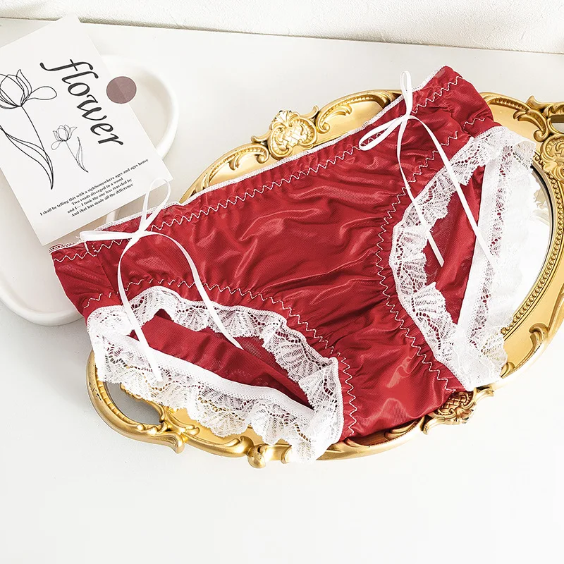 Japanese Style Women Satin Smooth Low Waist Cute Lovely Sweety Bow Sexy Lace Underwear Panties Lolita Princess Breifs