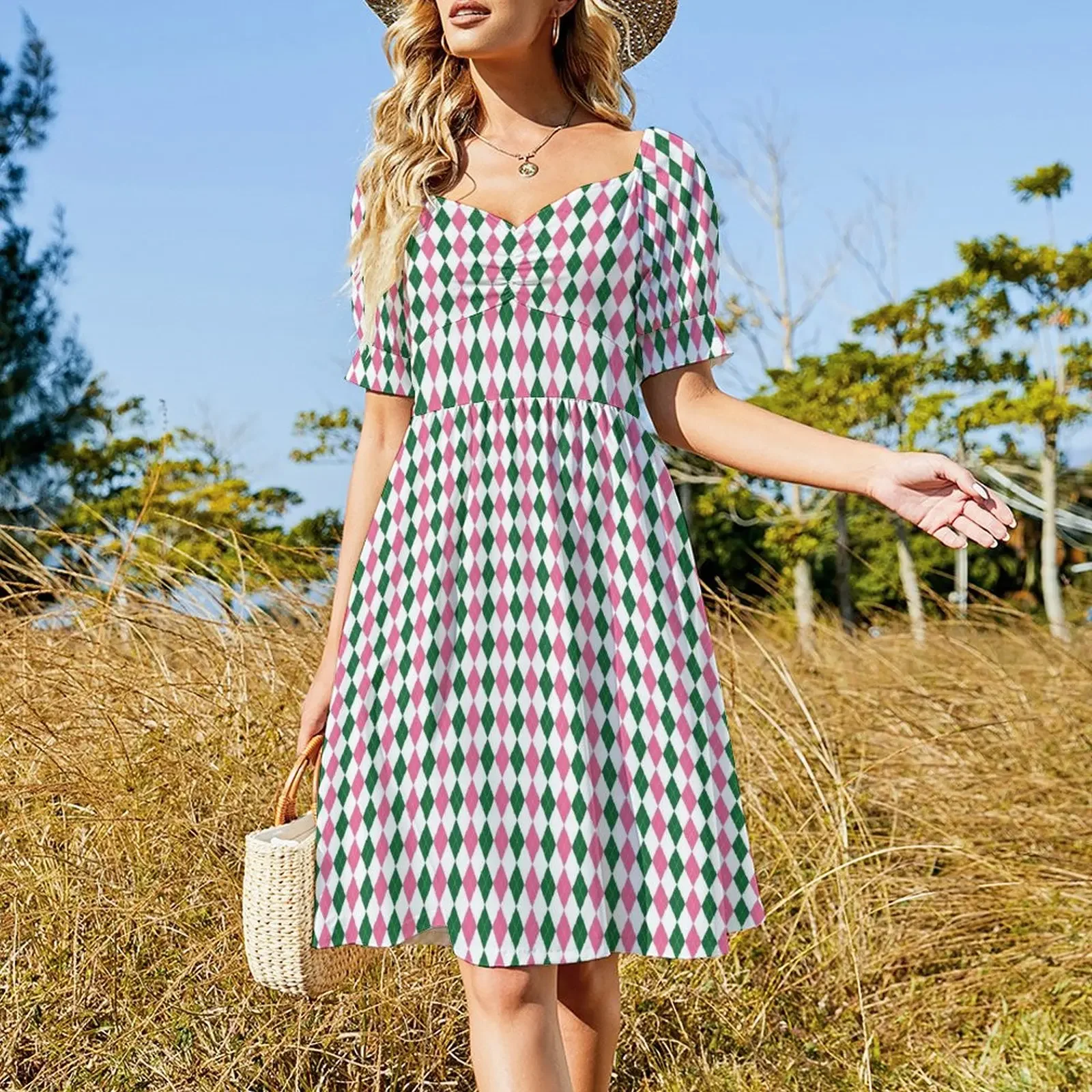 Green Pink and White Argyle Pattern Diamond Checks Sleeveless Dress dress women elegant luxury dresses summer woman 2024