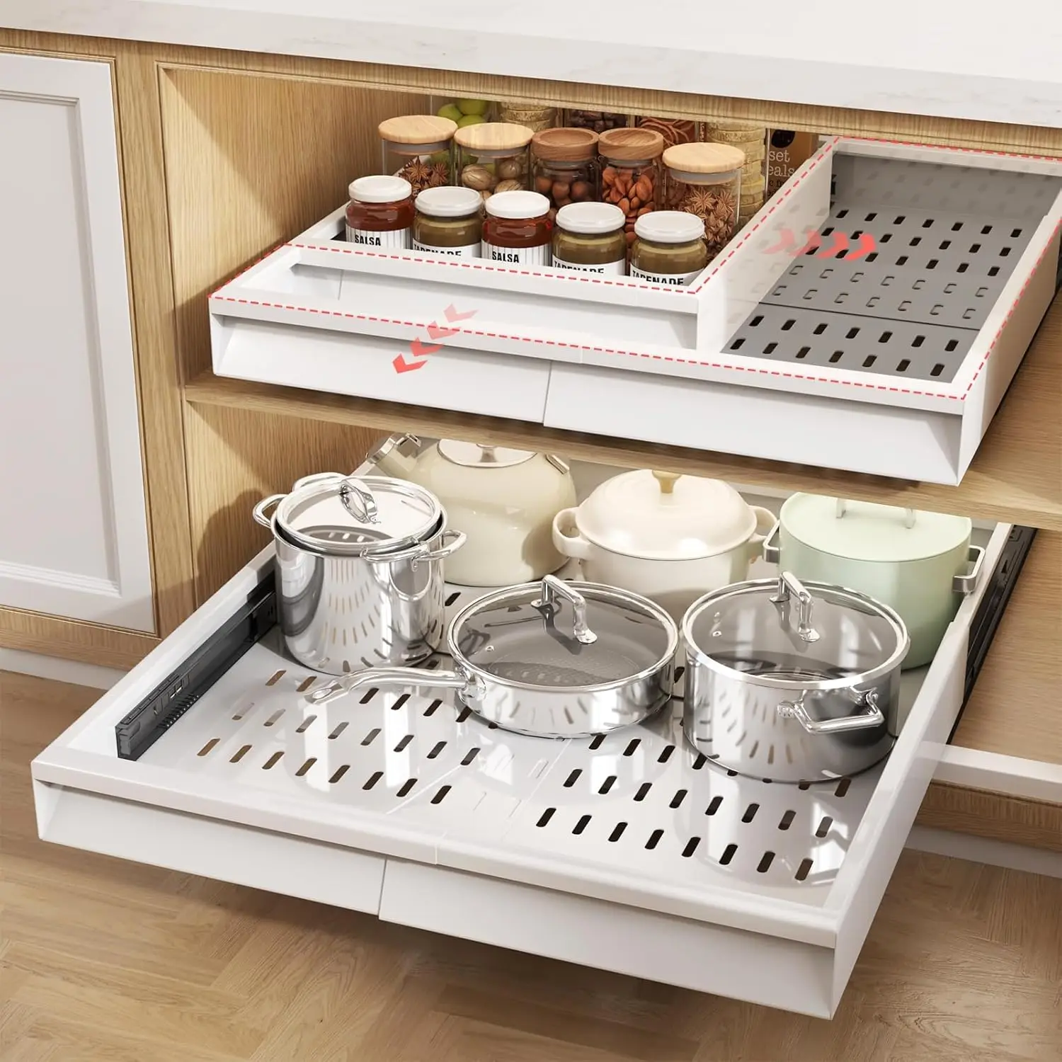 

Expandable Pull-Out Cabinet Organizer with 3 Rails, No-Drill Installation for Framed Cabinets (White)