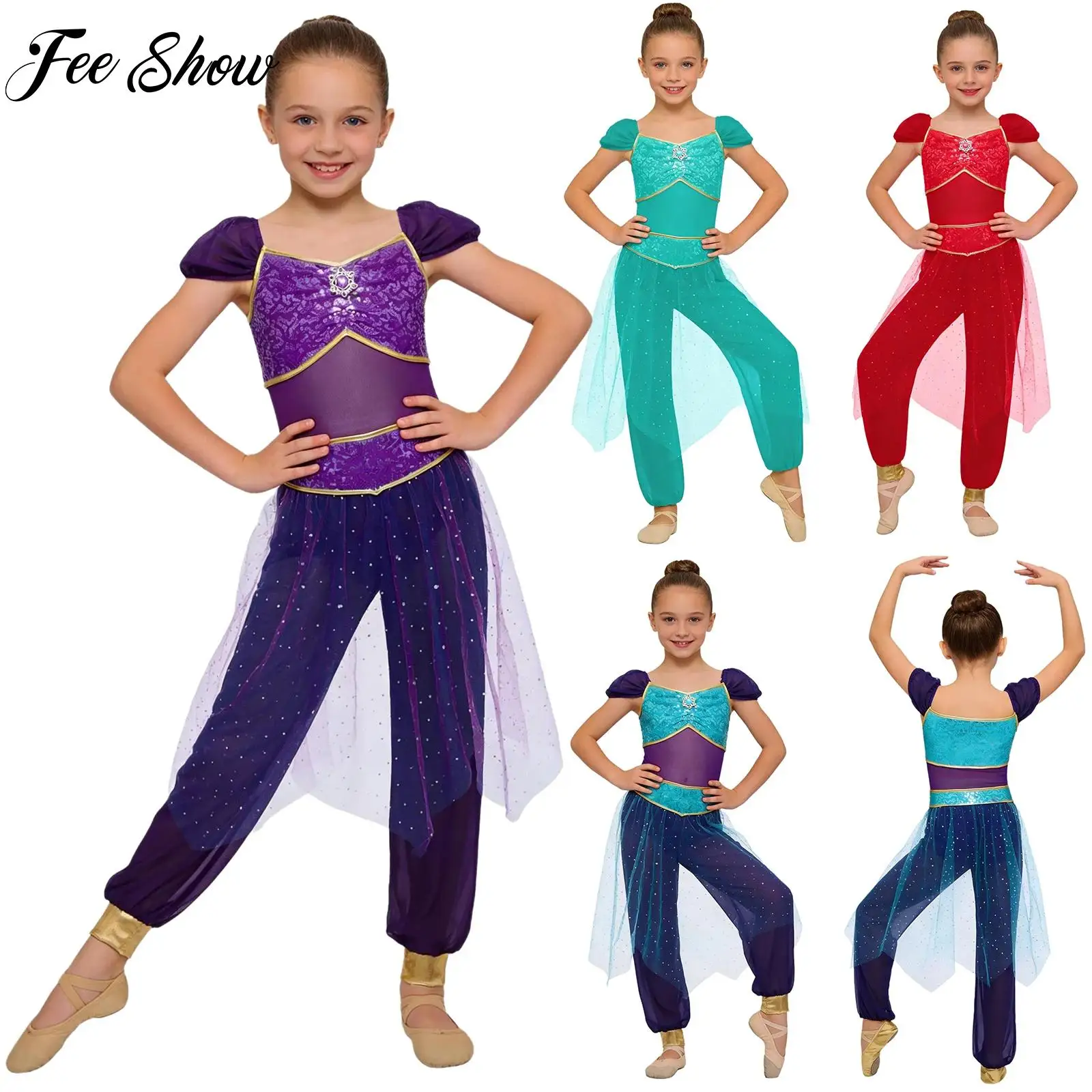 

Arabian Princess Costume Girls Belly Dance Clothes Rhinestone Sequined Jumpsuit Rompers for Halloween Carnival Cosplay Role Play