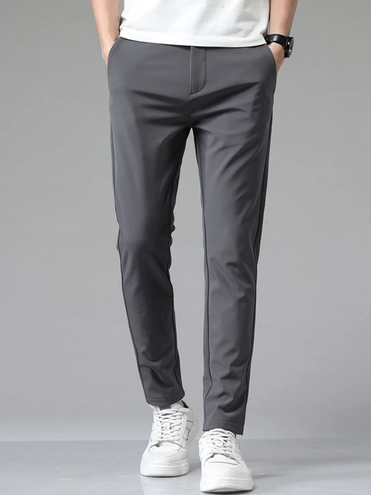 

Мужские укороченные костюмы Slim Fit из ледяного шелка, брюки высокого качества, прямые мужские брюки, элегантная весенняя одежда, рабочая одежда