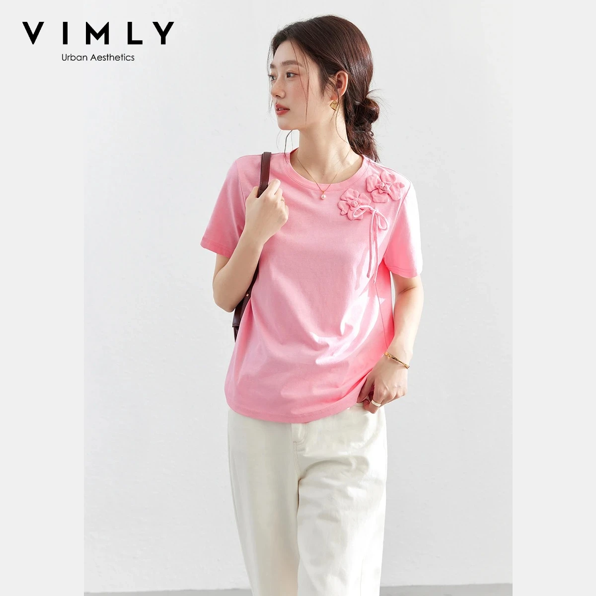 VIMLY 100% Cotton Summer T-Shirt Women 2026 Pink Tees Fashion Heavy 3D Floral Casual Crew Neck Short Sleeve Top A6182