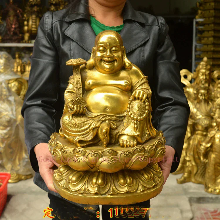 

GOOD buddha company hall decoration thriving business Money Drawing Good luck Gold Maitreya Buddha brass FENG SHUI statue