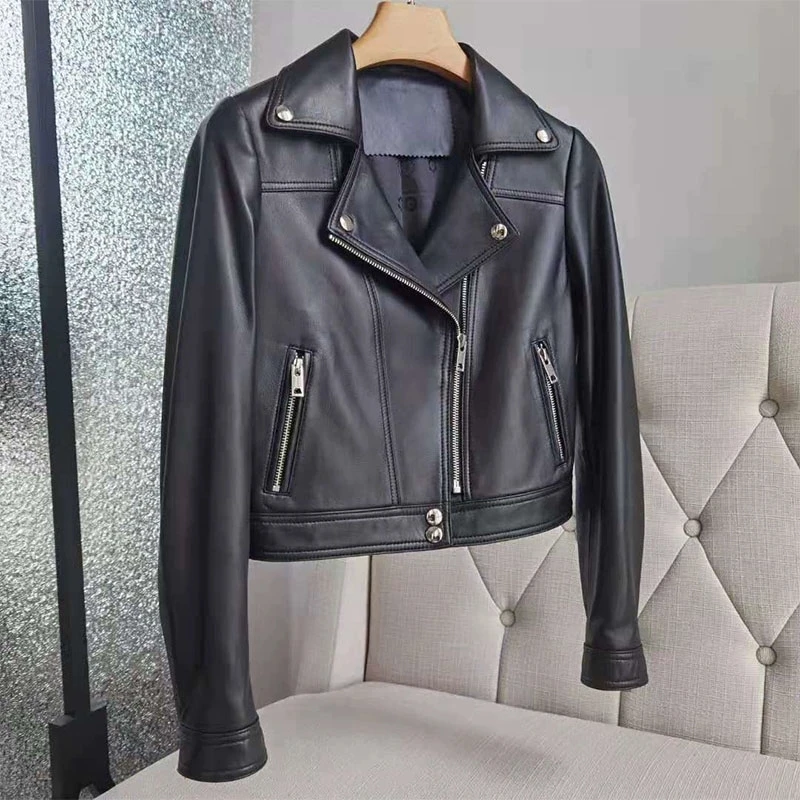 2025 New Women's Real Leather Short Coats A-level First Layer Sheepskin Stylish Korean Style Slim Motorcycle Leather Jacket