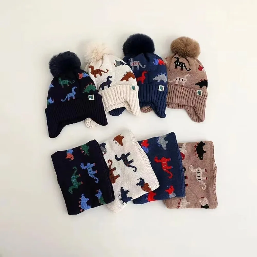 

2Pcs Set Cute Thickened Baby Beanie Cap Cartoon Dinosaur Warm Scarf Set Ear Protection Knitted Hat Winter