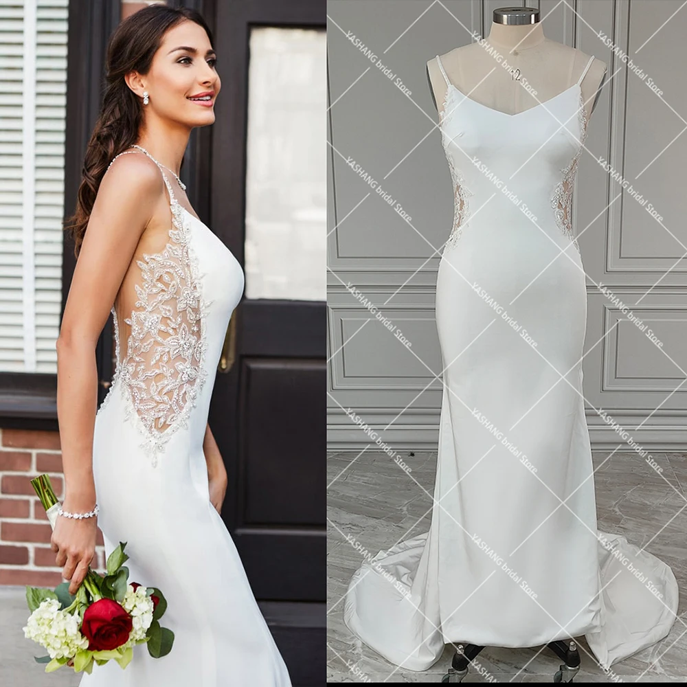 Crepe Fit and Flare Wedding Gowns Sexy Sparkly Beaded Lace Pearls Cutouts Spaghetti Straps Open Low Back Customized Bridal Dress