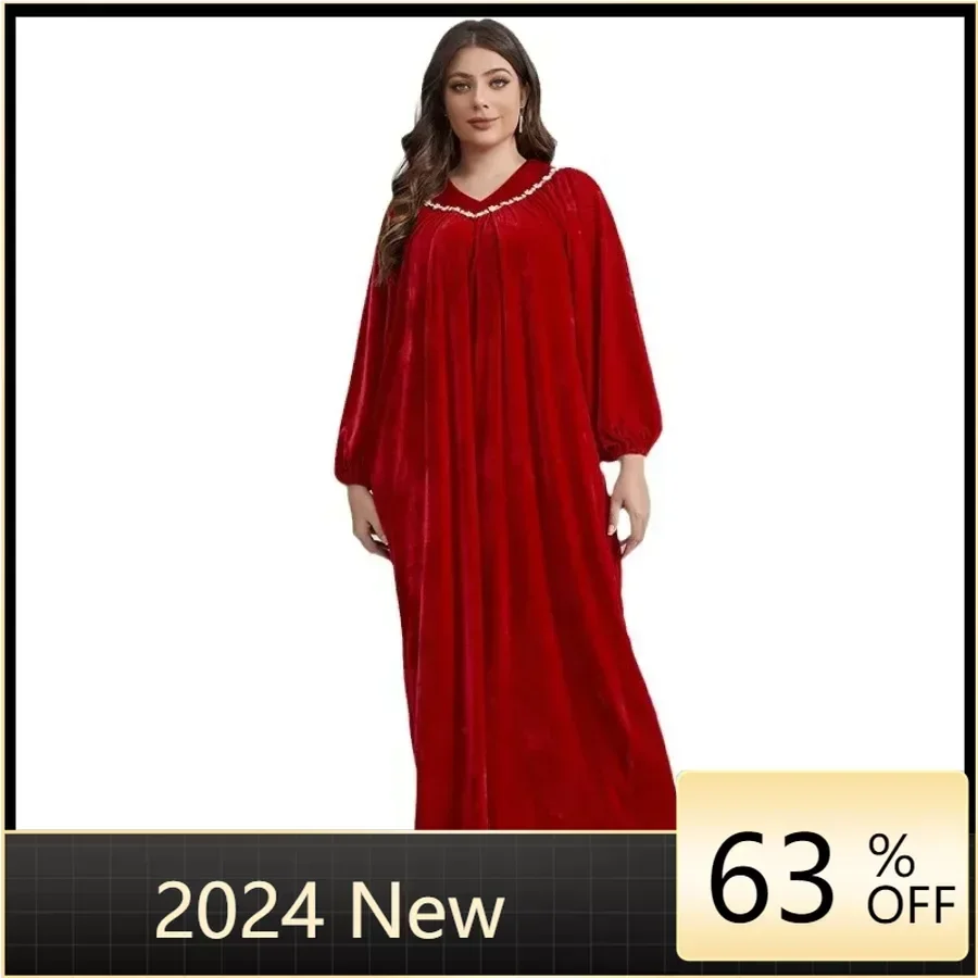 

Velvet Abayas for Women Spring 2024 Elegant Muslim Long Sleeve V-neck Plus Size Long Maxi Dress Muslim Fashion Abaya Dubai Abaya