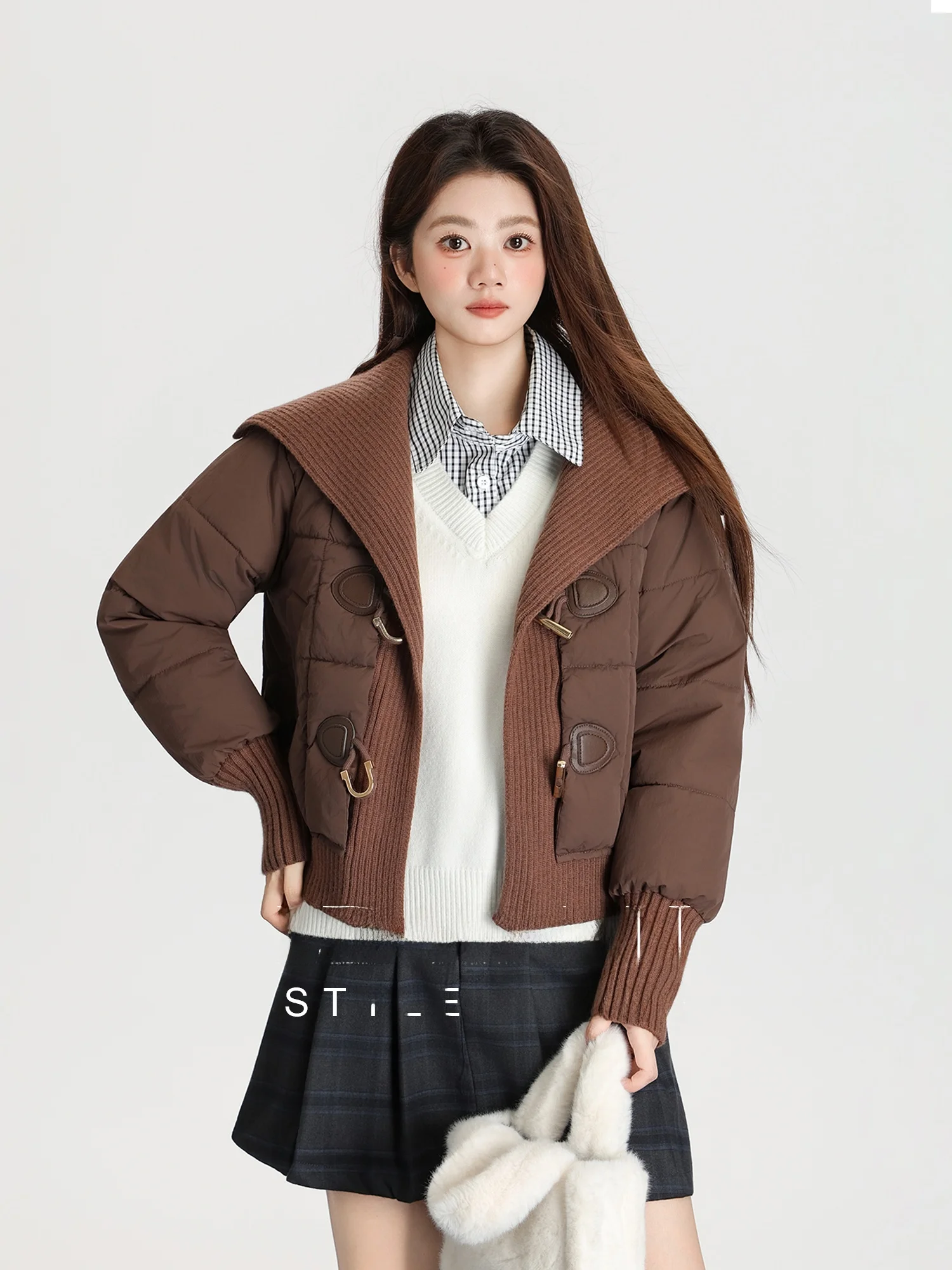 

Women's ort Knitted Cotton Jaet Winter New Sle Korean Version Large Collar down Cotton Coat Button Front Long Sve