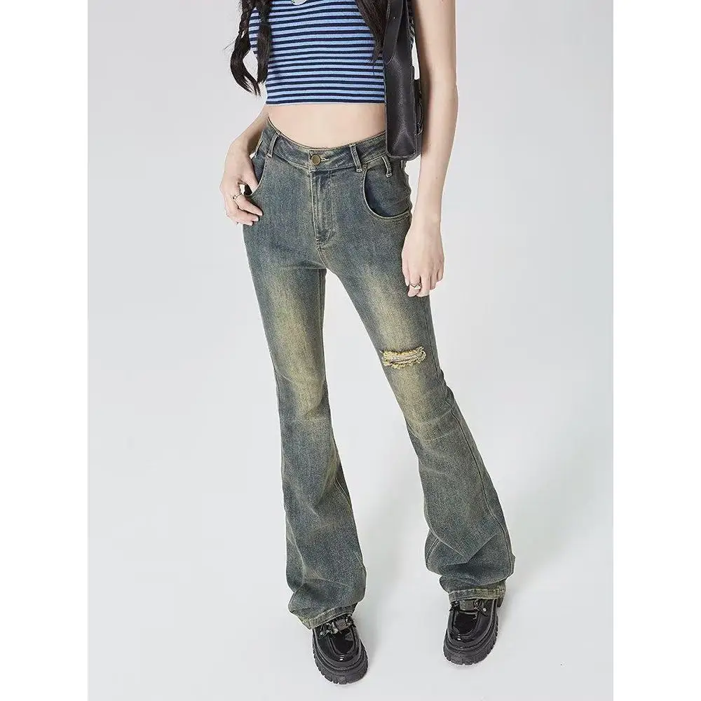 

Spring New Vintage High Waist Slim Fit Long Floor Length Bell Bot Women's Jeans High Rise Skinny Stretch Denim Trousers