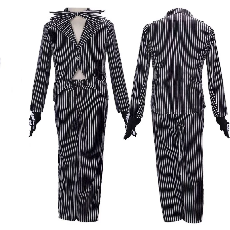 Men and Women Nightmare Before Christmas Costume Uniform Jack Skeleton Costume Halloween Christmas Cosplay Stripe Jacket Pants