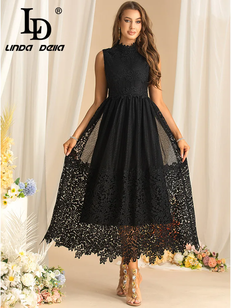 LD LINDA DELLA Fashion Autumn Women's Dress Stand Collar Sleeveless Chic Lace Hollow Out High waist Vintage Elegant Dresses