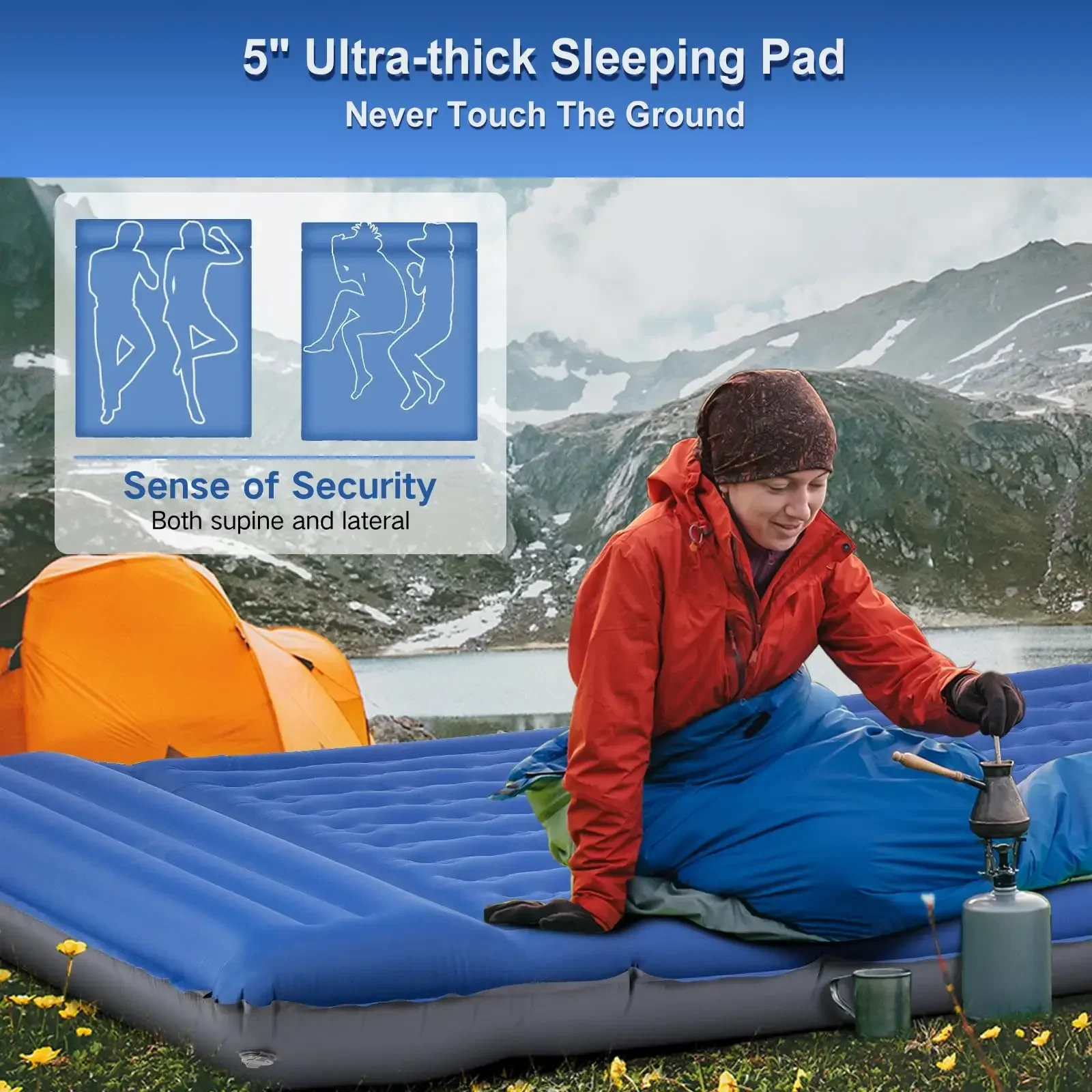 Double Sleeping Pad For Camping, Self Inflating 2 Person Pillow, Built-in Foot Pump, Waterproof Inflatable Sleeping Mat