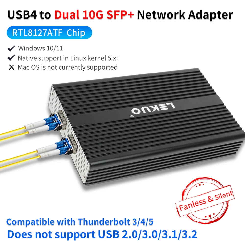 

10G SFP+ to USB4 Adapter 2 Port 10GbE Converter 1.15GB/s Realtek RTL8127ATF Chip Support Thunderbolt 3 4 5 for Windows Linux