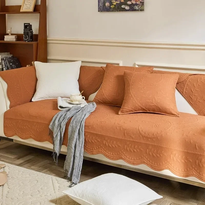 French Pure Cotton Solid Color Sofa Cushion Anti-Slip Couch Cushion for Living Room Breathable Cozy Sofa Cover for All Seasons