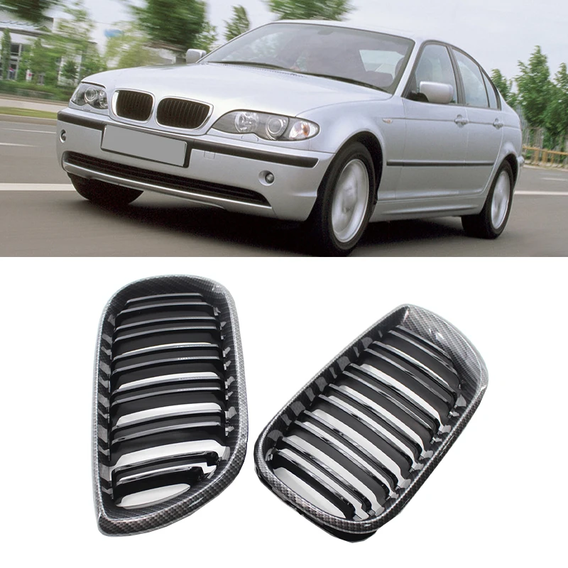 

A Pair 2-Line Car Front Kidney Grille With Carbon Fiber Texture Frame For BMW 3 Series E46 4 Door 2002-2005 Auto Accessories