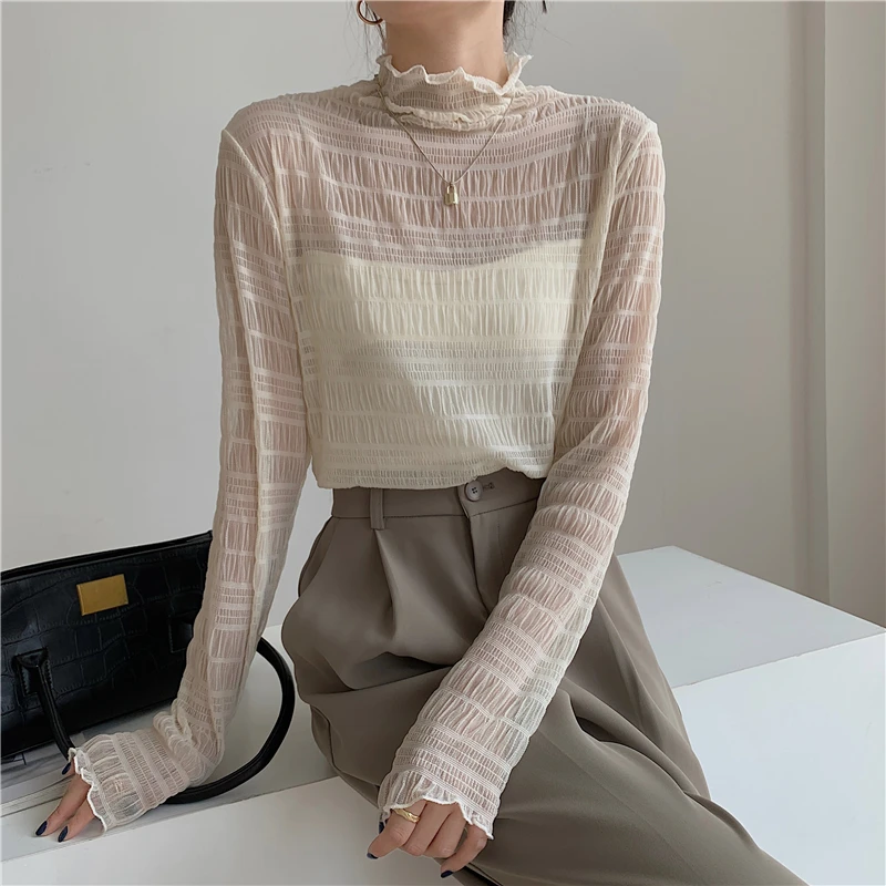 2025 New Summer Lace Mesh Women's T-shirts Hollow Out High Waist Stand Collar Bottom Solid Casual Loose Shirts Tops For Women