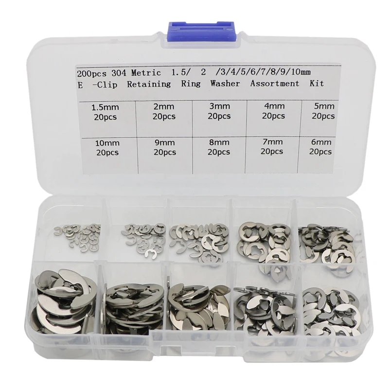 200 Pcs 304 Stainless Steel Opening Snap Ring,E-Clip External Retaining Circlip Assortment Kit