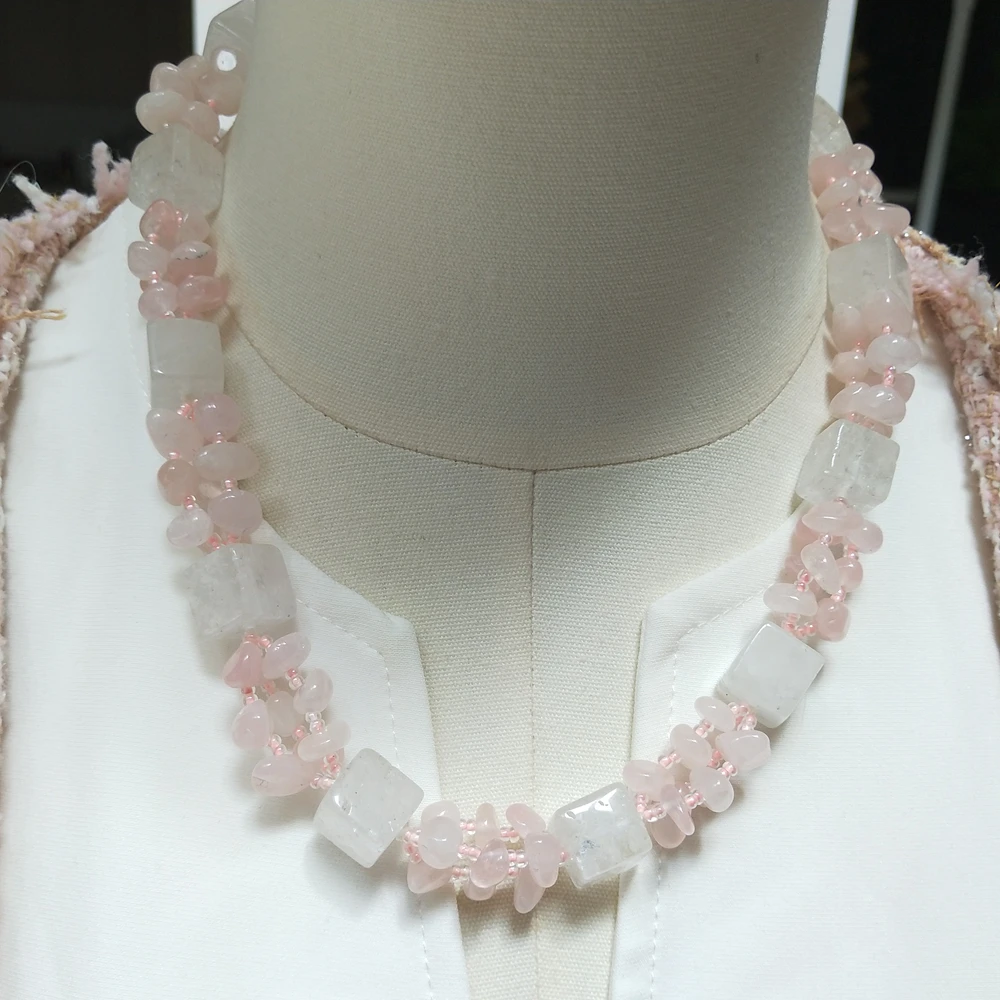 

Lii Ji Real Stone Crystal Quartz Rose Quartz Choker Necklace 52cm Women Jewelry Gift