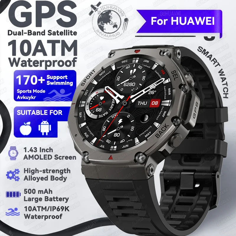 GUHUAVMI 2025 neue Militär-GPS-Smartwatch für Männer, 1,43 Zoll AMOLED-Bildschirm, IP69K, wasserdichter Kompass, 170 + Sportgesundheitsanruf, Smart-Armband 5