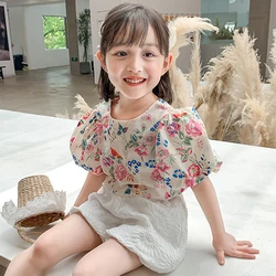 Children'S Clothing Sets 2022 Summer New Girls Fashion Kids Outfit Girls' Floral Puff Sleeve Top +Lantern Shorts Baby Kids Suits