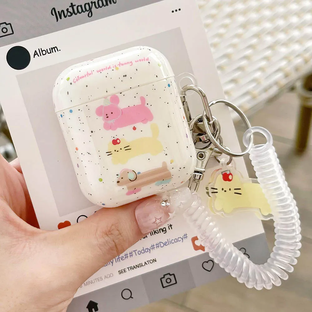 الكرتون القط جرو النقاط الملونة حقيبة سماعة الاذن ل AirPods Pro 2 لينة بولي TPU فوندا ل AirPod 1 2 3 Pro مع قلادة الربيع مرنة