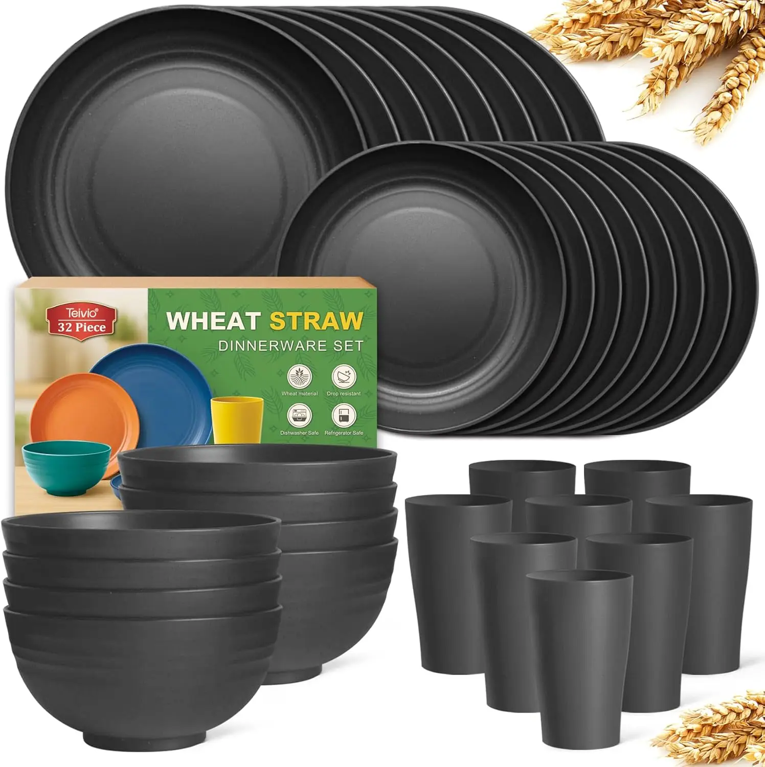 

32-Piece Kitchen Plastic Wheat Straw Dinnerware Set, Service for 8, Unbreakable Modern Dish Set - Dinner Plate/Dessert Pl