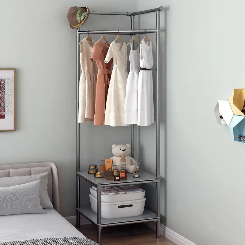 2024Multilayer Corner Coat Rack Multi-Function Floor Standing Clothes Hanger Rack Removable Metal Clothing Storage Shelf Cabinet