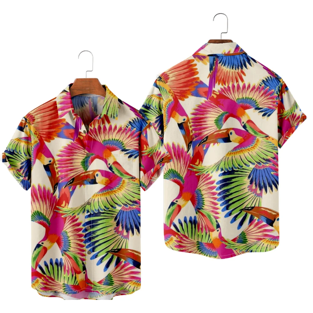 

Men's Hwaiian Shirt Toco Toucan Print Patchwork Vacation Style Y2K Hombre Fashion Summer Shirt