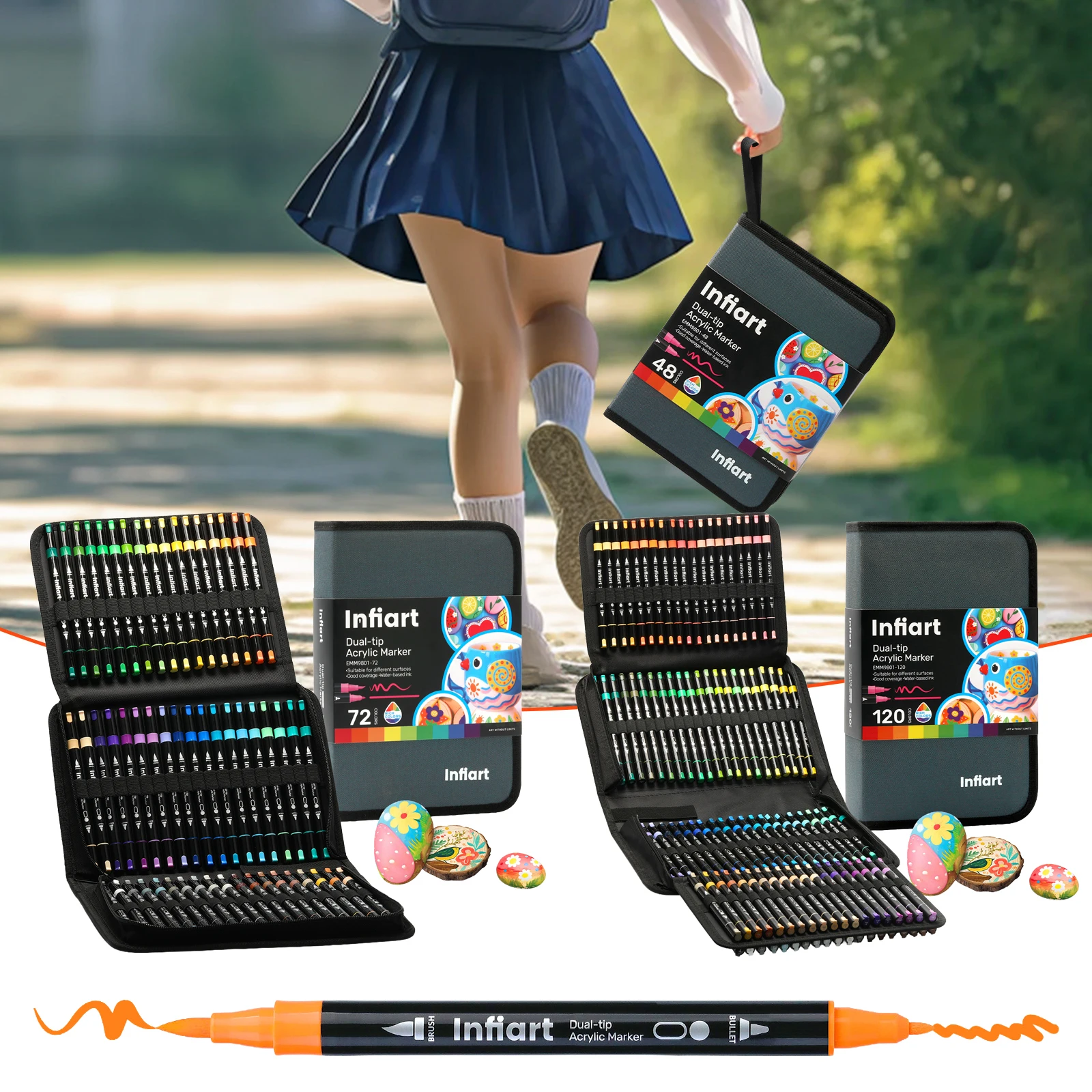 

Dual-Tip Acrylic Marker Set with 48/72/120 Colors, Featuring Soft Tip + Bullet Tip Dual Tip Design, Smooth Ink Flow with Water-Based Acrylic Ink, Strong Coverage, Rich Color That Doesn'T Bleed through Paper, Suitable for Creating on Multiple Materials Suc