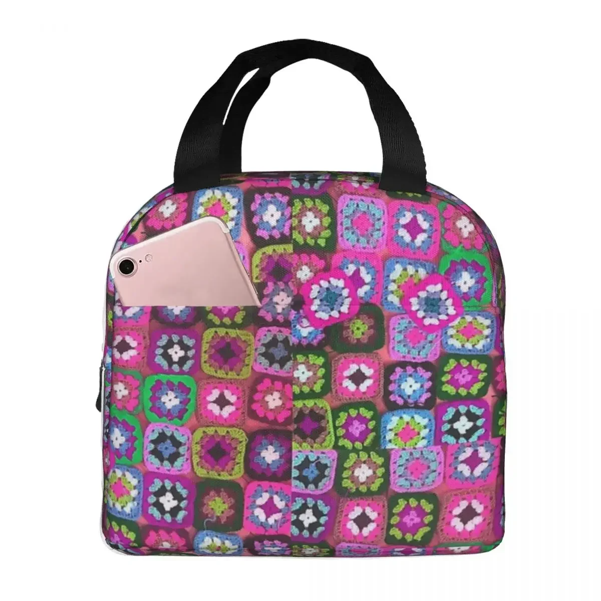 Crochet Blanket Granny Square Lunch Bags Resuable Picnic Bags Thermal Cooler Lunch Box Lunch Tote for Woman Work Children School