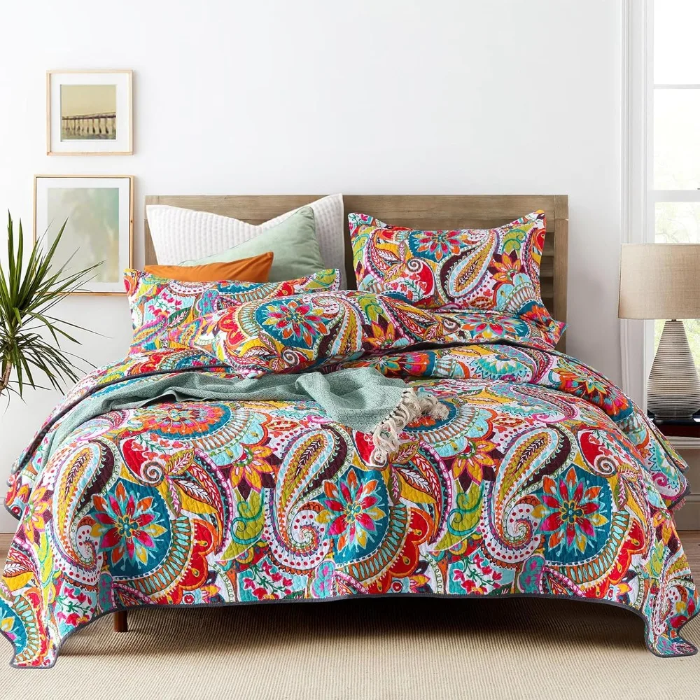 

Colorful Cotton Boho Paisley Quilt Set, 3-Piece Lightweight King Size Bedding with Pillows